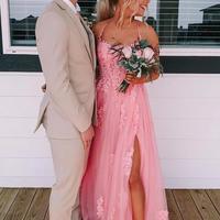 A-line Lace Up Back Pink Long Prom Formal Dress - Thumbnail 1