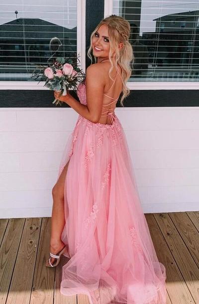A-line Lace Up Back Pink Long Prom Formal Dress