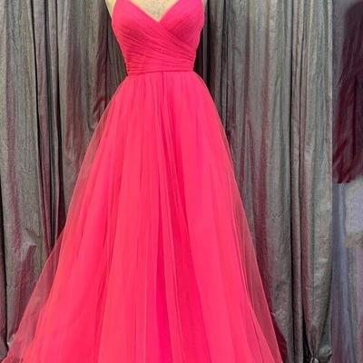  a-line hot pink v neck long tulle prom dress - Thumbnail 2