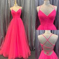  A-line Hot Pink V Neck Long Tulle Prom Dress - Thumbnail 1
