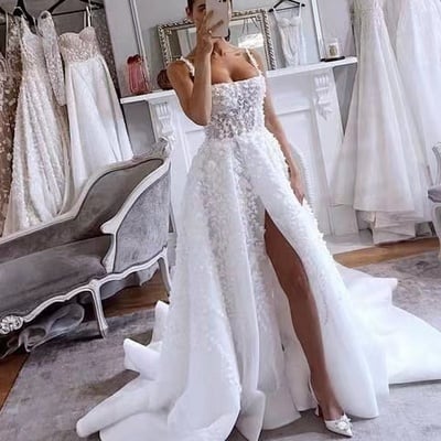 Wedding dresses bridal gown spaghetti straps with 3d flowers - Thumbnail 1