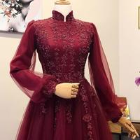  A Line High Neck Wine Red Evening Dresses Long Sleeves Prom Dress with lace - Thumbnail 1