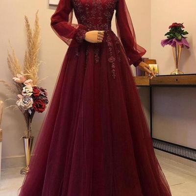  a line high neck wine red evening dresses long sleeves prom dress with lace - Thumbnail 4