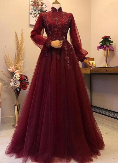  A Line High Neck Wine Red Evening Dresses Long Sleeves Prom Dress with lace