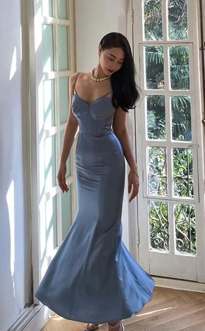 Spaghetti Straps Long A Line Stain Prom Dresses