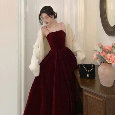 Simple spaghetti straps burgundy velvet long prom dress  - Thumbnail 2