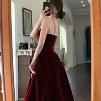 Simple Spaghetti Straps Burgundy Velvet Long Prom Dress  - Thumbnail 1