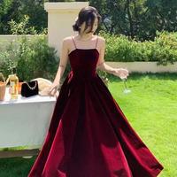Simple Spaghetti Straps Burgundy Velvet Long Prom Dress  - Thumbnail 2