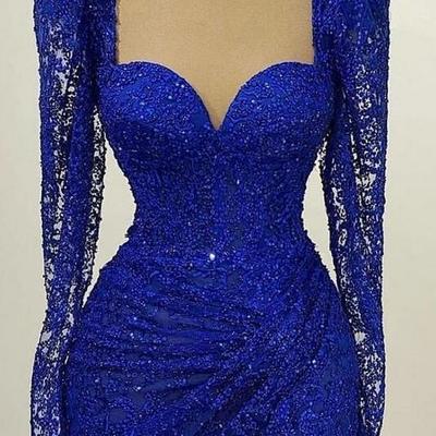 Vintage square a line royal blue long sleeves prom dress  - Thumbnail 3