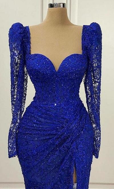 Vintage Square A Line Royal Blue Long Sleeves Prom Dress 