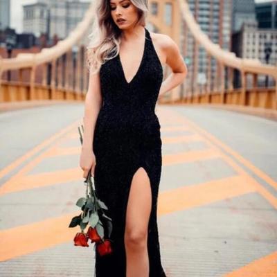 Classic halter black long prom dress with side slit  - Thumbnail 1