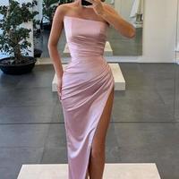 Elegant Simple Satin Long Evening Dress With Waist Pleats  - Thumbnail 2