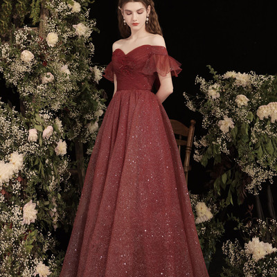 Burgundy off shoulder long a-line prom dress evening dress - Thumbnail 1