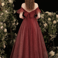 Burgundy off shoulder long A-line prom dress evening dress - Thumbnail 1
