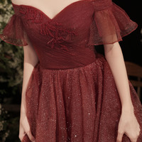 Burgundy off shoulder long A-line prom dress evening dress - Thumbnail 3