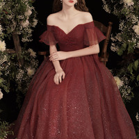 Burgundy off shoulder long A-line prom dress evening dress - Thumbnail 4
