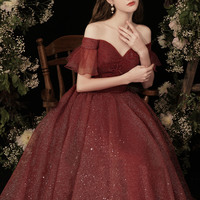 Burgundy off shoulder long A-line prom dress evening dress - Thumbnail 6