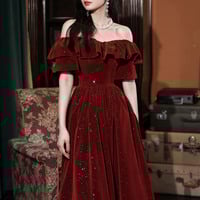 Burgundy velvet short prom dress A-line party dress - Thumbnail 2