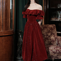 Burgundy velvet short prom dress A-line party dress - Thumbnail 3
