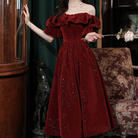 Burgundy velvet short prom dress A-line party dress - Thumbnail 5