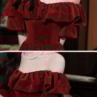 Burgundy velvet short prom dress A-line party dress - Thumbnail 7