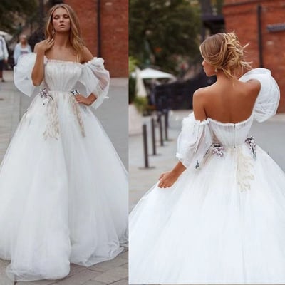Off shoulder wedding dresses bridal gown with appliques flowers - Thumbnail 3