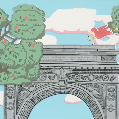 Medium screenprint: washington square archway with griffin and tree with many red birds (signed)
