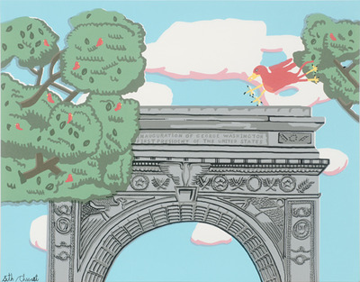 Medium Screenprint: Washington Square Archway with Griffin and Tree with Many Red Birds (Signed)