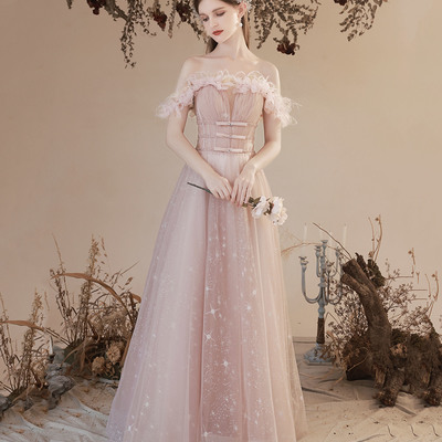 Pink tulle long a-line prom dress pink evening dress - Thumbnail 1