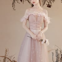 Pink tulle long A-line prom dress pink evening dress - Thumbnail 1