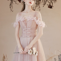 Pink tulle long A-line prom dress pink evening dress - Thumbnail 2