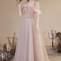 Pink tulle long A-line prom dress pink evening dress - Thumbnail 3