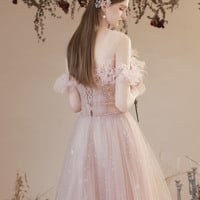 Pink tulle long A-line prom dress pink evening dress - Thumbnail 5