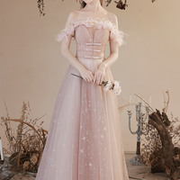 Pink tulle long A-line prom dress pink evening dress - Thumbnail 6