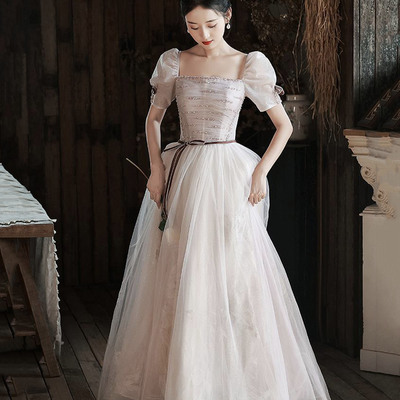 Cute tulle sequins long prom dress a-line evening dress - Thumbnail 1