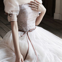 Cute tulle sequins long prom dress A-line evening dress - Thumbnail 2