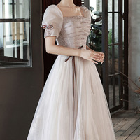 Cute tulle sequins long prom dress A-line evening dress - Thumbnail 1
