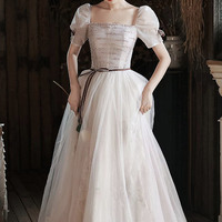 Cute tulle sequins long prom dress A-line evening dress - Thumbnail 6
