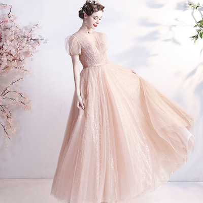 Pink tulle sequins long a-line prom dress pink evening dress - Thumbnail 1