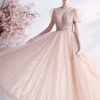 Pink tulle sequins long A-line prom dress pink evening dress - Thumbnail 1