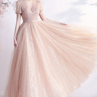 Pink tulle sequins long A-line prom dress pink evening dress - Thumbnail 2