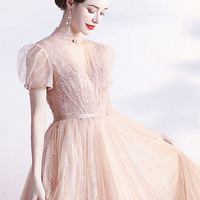 Pink tulle sequins long A-line prom dress pink evening dress - Thumbnail 4