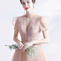 Pink tulle sequins long A-line prom dress pink evening dress - Thumbnail 5