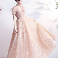 Pink tulle sequins long A-line prom dress pink evening dress - Thumbnail 7