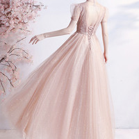 Pink tulle sequins long A-line prom dress pink evening dress - Thumbnail 6