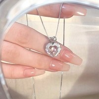 Luxury Pretty Girl Angelic Diamond Silver Heart Shaped Chain Pendant Necklace - Thumbnail 5