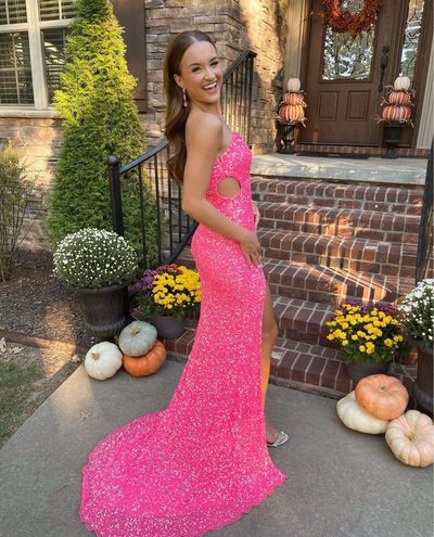 Cute Mermaid Strapless Hot Pink Sequins Long Prom Dresses