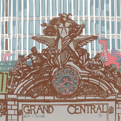 Medium screenprint: grand central station with 2 fantasy dragons (signed)