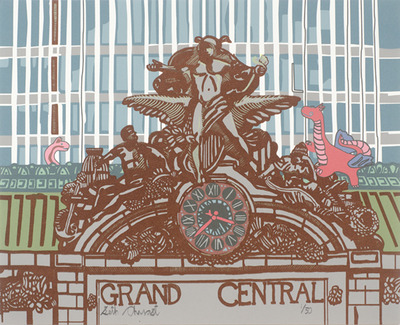 Medium Screenprint: Grand Central Station with 2 Fantasy Dragons (Signed)