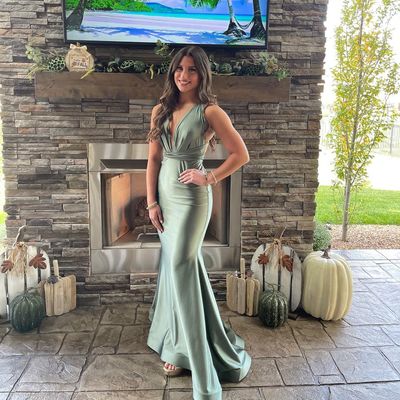 Charming mermaid v neck sage green silk satin long bridesmaid dresses